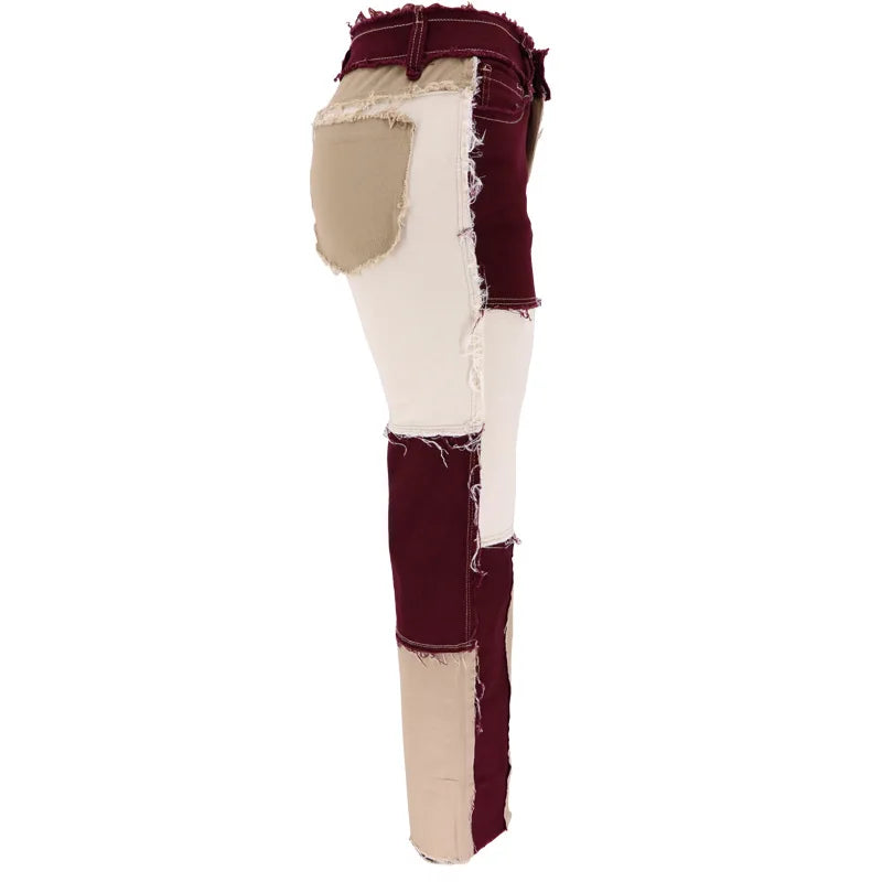 2025 Hot Sale Mixed Color Patchwork Jeans For Women Fashion High Stretch Denim Straight Pants Street Hipster Trousers XS-2XL