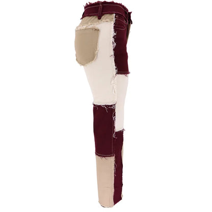 2025 Hot Sale Mixed Color Patchwork Jeans For Women Fashion High Stretch Denim Straight Pants Street Hipster Trousers XS-2XL