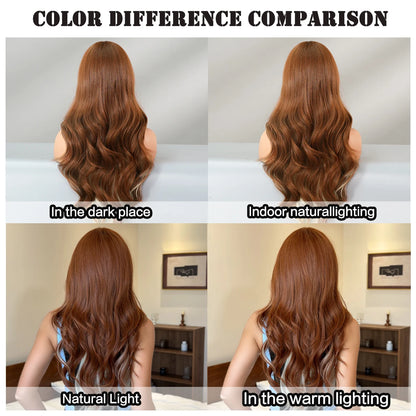 7JHHWIGS Long Body Wave Copper Highlight Beige Wig for Women High Density Synthetic Layered Modest Fashion Wigs with Neat Bangs