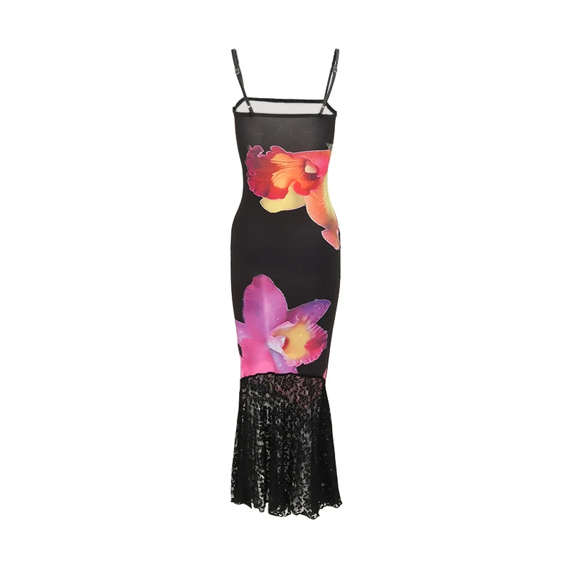 Women's Dresses New Summer Sexy Black Lace Fashion Print Sleeveless Backless Strap Maxi Dress Casual Club Elegant Female Dresses