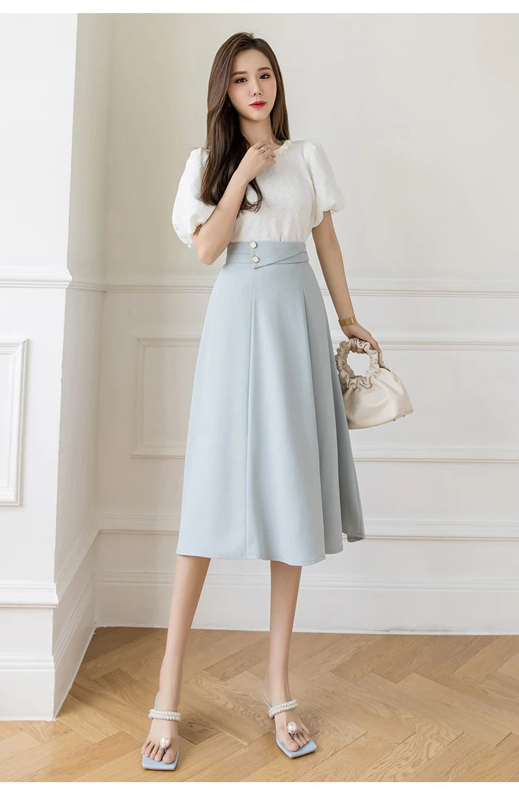Women's Skirts High Waist Sweet Girl's Mid-calf Skirt Solid Skirts for Women Vintage Long Fashion 2023 Kawaii Summer Women Skirt