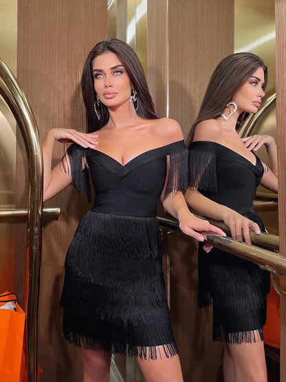 Women Evening Dresses Sexy Big V Neck One-shoulder Fringed Skirt Ladies Temperament Slim Dress Short Sleeve Club Dress Vestidos