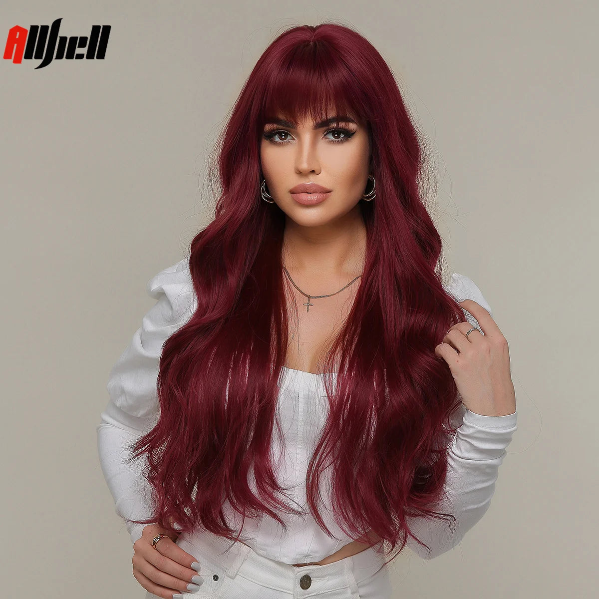 Long Wavy Wine Red Synthetic Wigs Natural Wave Afro Wigs With Bangs for Black Women Cosplay Costume Wig Heat Resistant Fiber