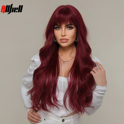 Long Wavy Wine Red Synthetic Wigs Natural Wave Afro Wigs With Bangs for Black Women Cosplay Costume Wig Heat Resistant Fiber