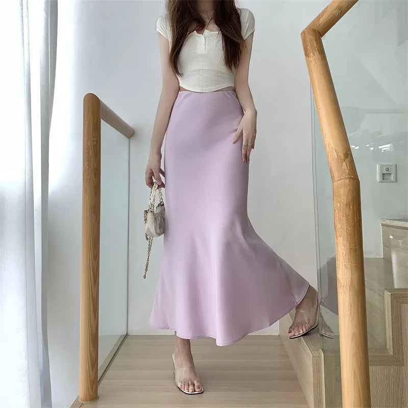 Satin Skirts for Women Korean Reviews Many Girls Clothes Women's 2025 Summer NEW High Waisted Mid Long Skirts Fashion women skir