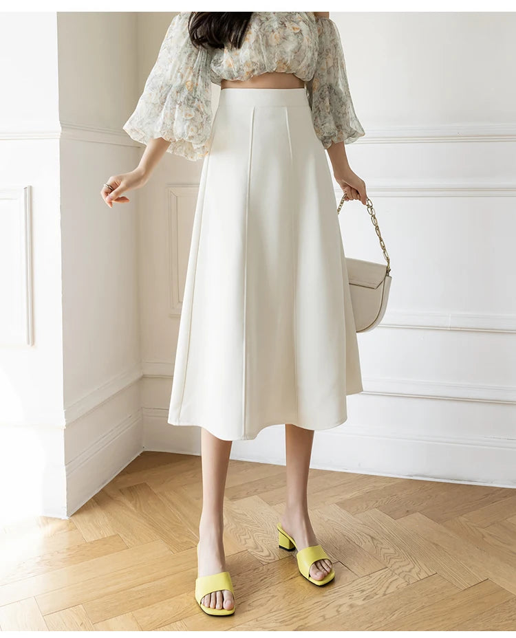 Women's Skirt 2025 Spring Women High Waist Solid Vintage Girl's Waist Down Skirt Knee-length A-line Fashion Thin Skirt for Women