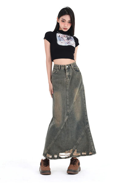Women Denim Skirt Y2k Emo 2000s Clothes Long Skirt Harajuku Korean 90s Fashion Vintage Gradient A-line Jean Skirt Grunge Clothes