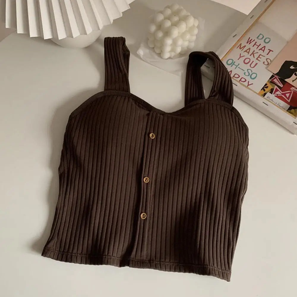Women's Ribbed Tank Tops Y2K Cropped Tops with Bra Pads Knitted Button Down Suspenders Vest Sexy Camisole Female Short Tops