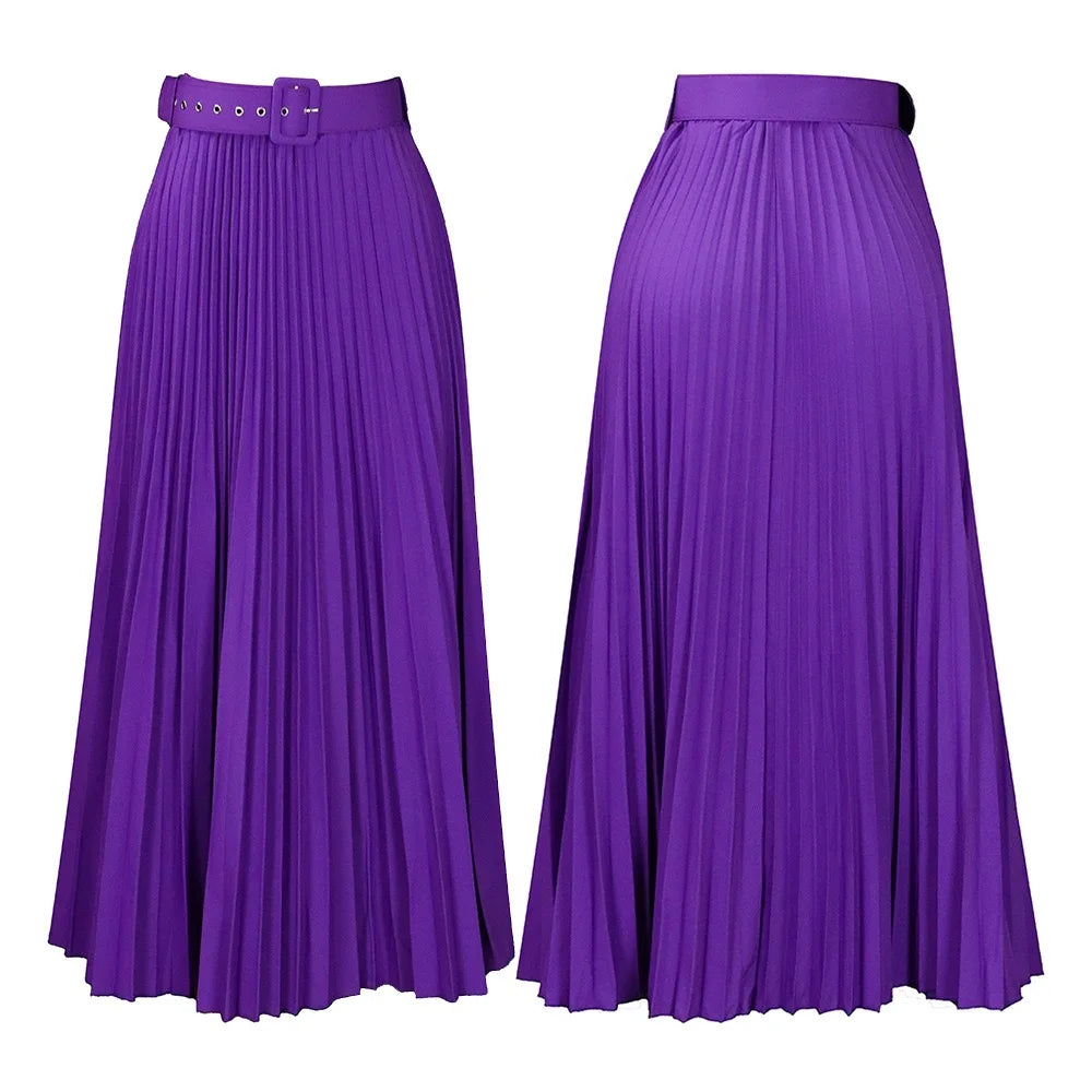 Elegant Pleated Skirts for Woman 2024 New High Waisted Belt Waisted Ankle Length Autumn Winter Wear Bottoms Skirts Clothes Hot