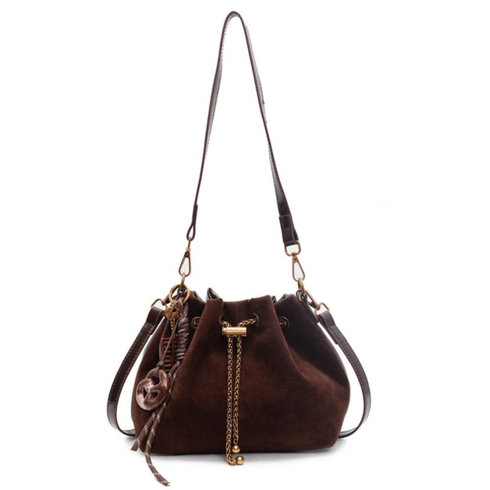 Women Vintage One Shoulder Bag Frosted Solid Drawstring Soft All-Match Bucket Bags High-Grade Versatile Commute Crossbody Packs