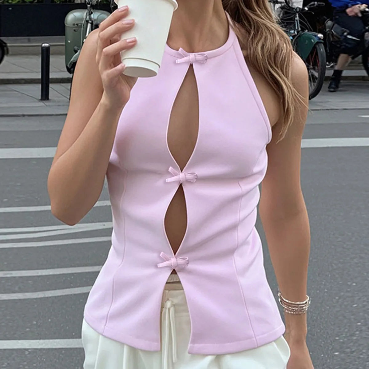 Bow Backless Vest Women Summer Sleeveless Halter Hollow Top Elegant Slim Skirt New Y2k Female Tanks Short Top Office