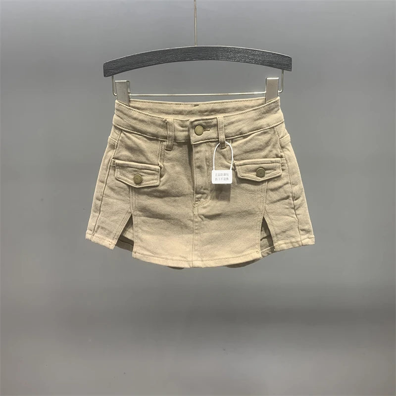 Women Khaki Denim Skirt Y2k Elegant A-Line Skirt Harajuku Korean Vintage Fashion 90s High Waist Jean Shorts Skirts 2000s Clothes