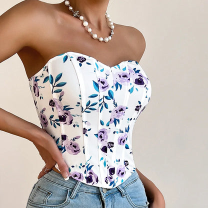Women Floral Top Sexy Spicy Girl Tank Top Low cut Open Back Flower Wrapped Chest Diamond Fish Bone Strap Waist Vest Tank Top