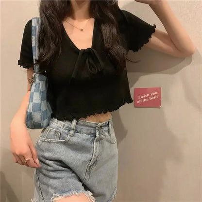 Tops Woman Short Sleeve T Shirt for Women V Neck New in Knitwears Plain Sexy Crop Korean Fashion Reviews Clothes Many Polyester