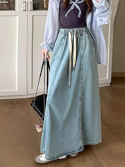 Harajuku Denim Skirt y2k Aesthetic Elastic Drawstring High Waist A Line Flare Jean Skirt Ladies Vintage Skirts Streetwear