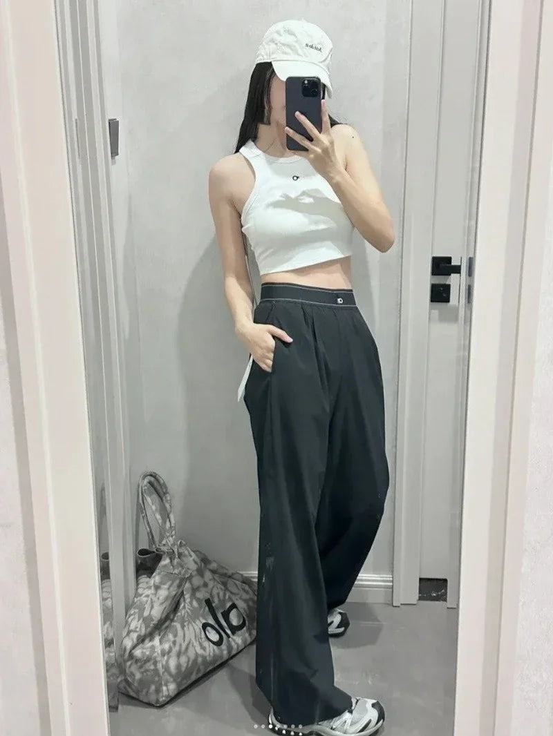 Yoga Sports Straight Leg Pants Women Thin Casual Fashion Solid Elastic Waist Quick Drying Sweatpants Loose Baggy Trousers Women