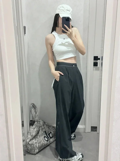 Yoga Sports Straight Leg Pants Women Thin Casual Fashion Solid Elastic Waist Quick Drying Sweatpants Loose Baggy Trousers Women