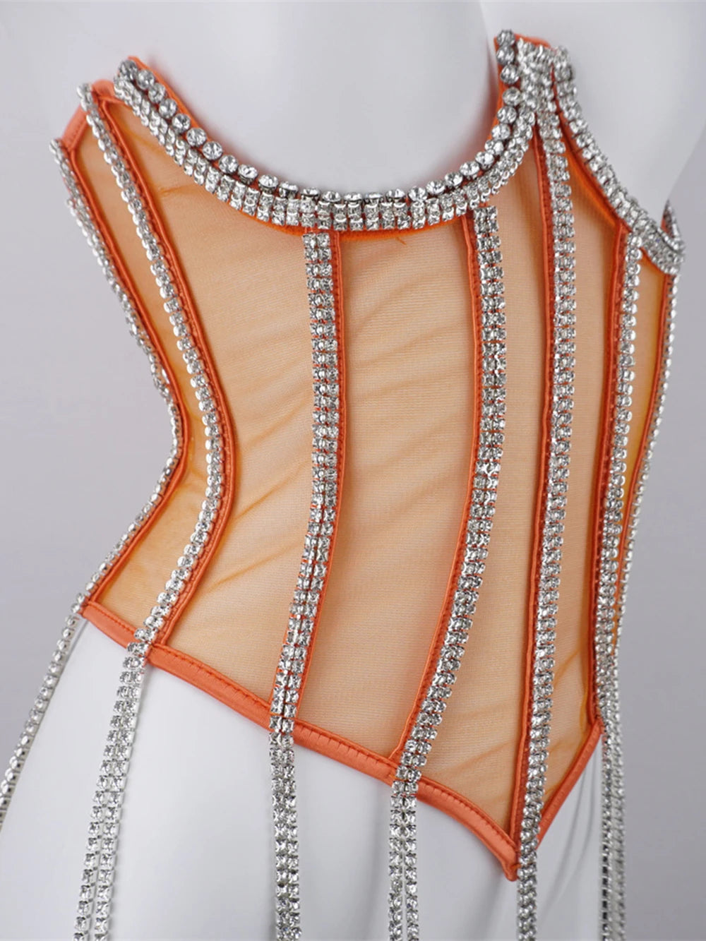 Women Tunic Bras In Waist Corset Tops Fashion Diamond Luxury Diamond Tassel Corset Slim Vest Sexy Tmesh Sheer Top Female 2025