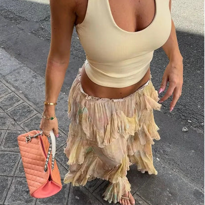 New Woman Skirts Features Printed Fabric With Elastic Waistband Mid-Rise Tierred Hem Long Skirts Prairie Chic Casual For Party