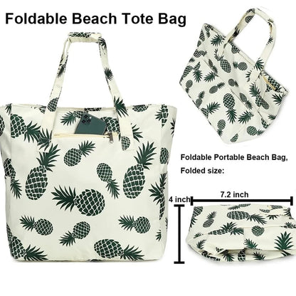 Beach Tote Bag Women，Foldable Travel Bag with Anti-Sand Pocket Lightweight Storage Bag for Gym/Shopping Packable in Carry-On