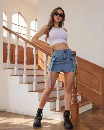 Women Cargo Skirt Denim Mini Low Waist Y2K Jean Skirts with Pockets