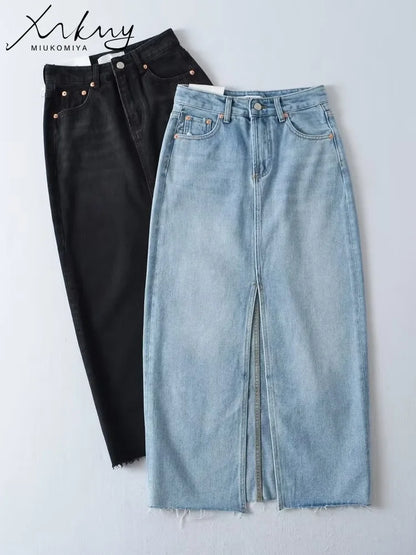 MiuKoMiYa Long Denim Skirts For Women Maxi Spring 2025 Black Front Slit Jean Skirts Womens Long Streetwear Blue Skirt Denim Maxi