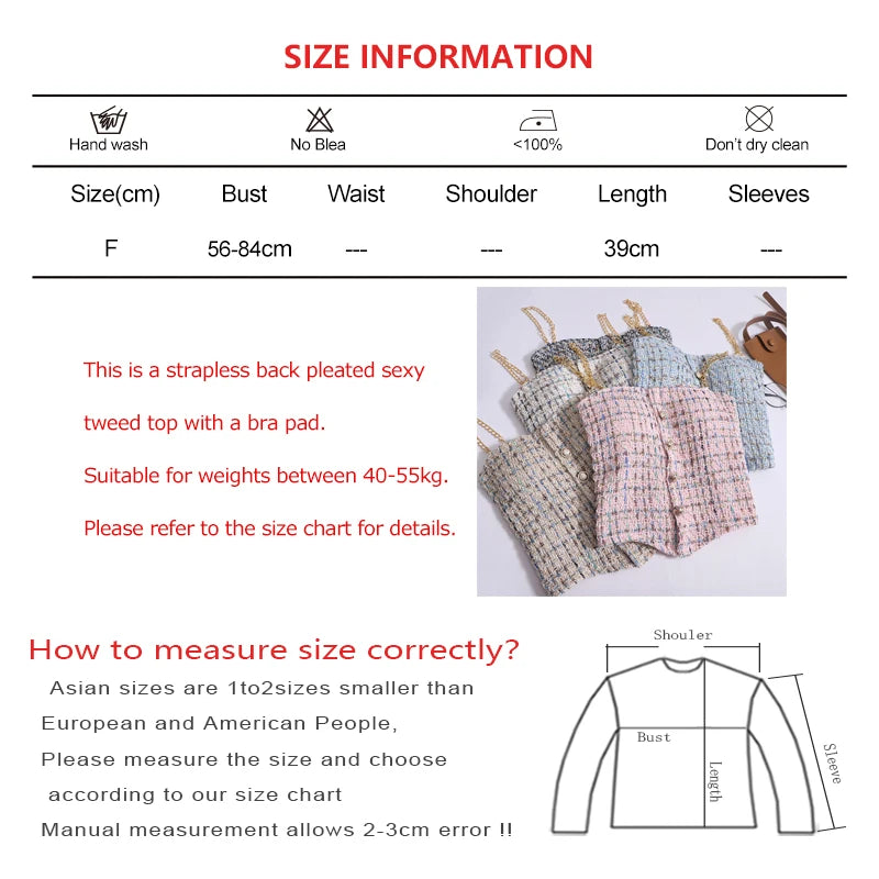 Women Summer Tweed Chain Chic Tank Tops Buttons Off Shoulder with Bra Pad Crop Tops Pleated Sexy Backless Sleeveless Sweet Camis