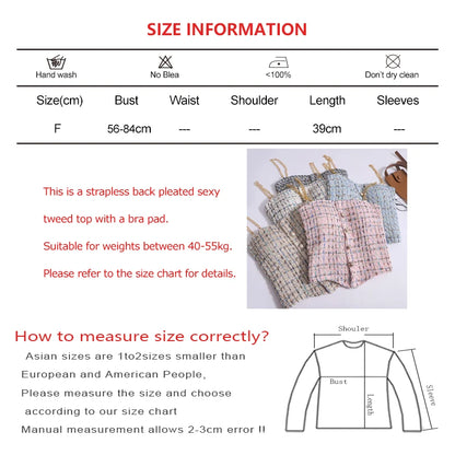 Women Summer Tweed Chain Chic Tank Tops Buttons Off Shoulder with Bra Pad Crop Tops Pleated Sexy Backless Sleeveless Sweet Camis