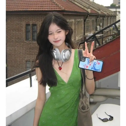 Elegant Green Print Dresses for Women V-neck Sleeveless Vintage Robe Femme 2025 Vestidos De Mujer Slim Waist Sexy Summer Dress