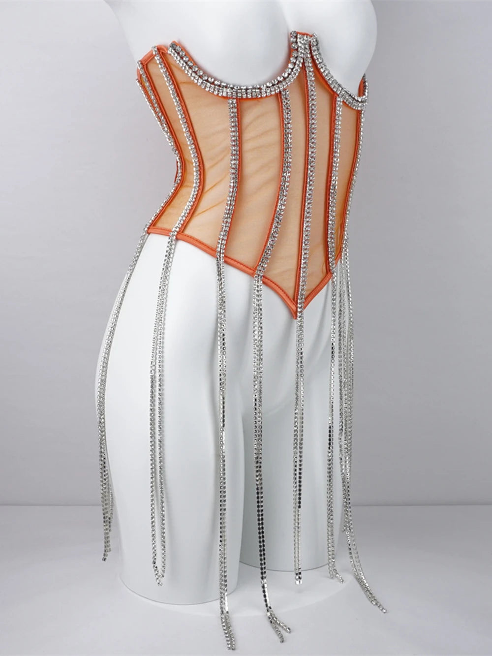 Women Tunic Bras In Waist Corset Tops Fashion Diamond Luxury Diamond Tassel Corset Slim Vest Sexy Tmesh Sheer Top Female 2025