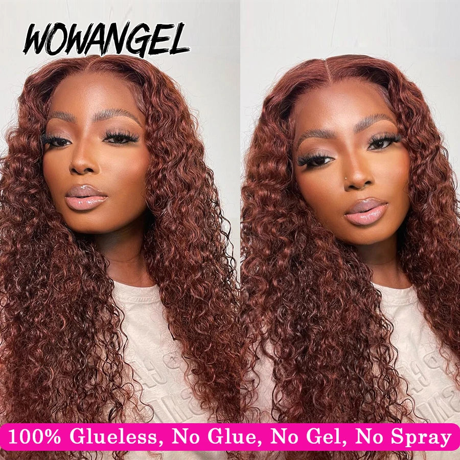 WOWANGEL Reddish Brown Pre Cut Glueless Wig Human Hair Ready To Wear 5x5 HD Lace Closure Water Wave Curly Wigs Wear To Go