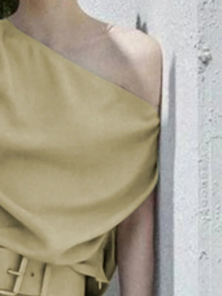 Beautyblue Turmeric Women's Tops One-Shoulder T-Shirts 2025 New Fashion Pleated Slanted Shoulders Sexy Loose Summer Tee Female