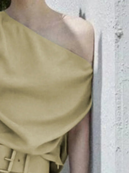 Beautyblue Turmeric Women's Tops One-Shoulder T-Shirts 2025 New Fashion Pleated Slanted Shoulders Sexy Loose Summer Tee Female