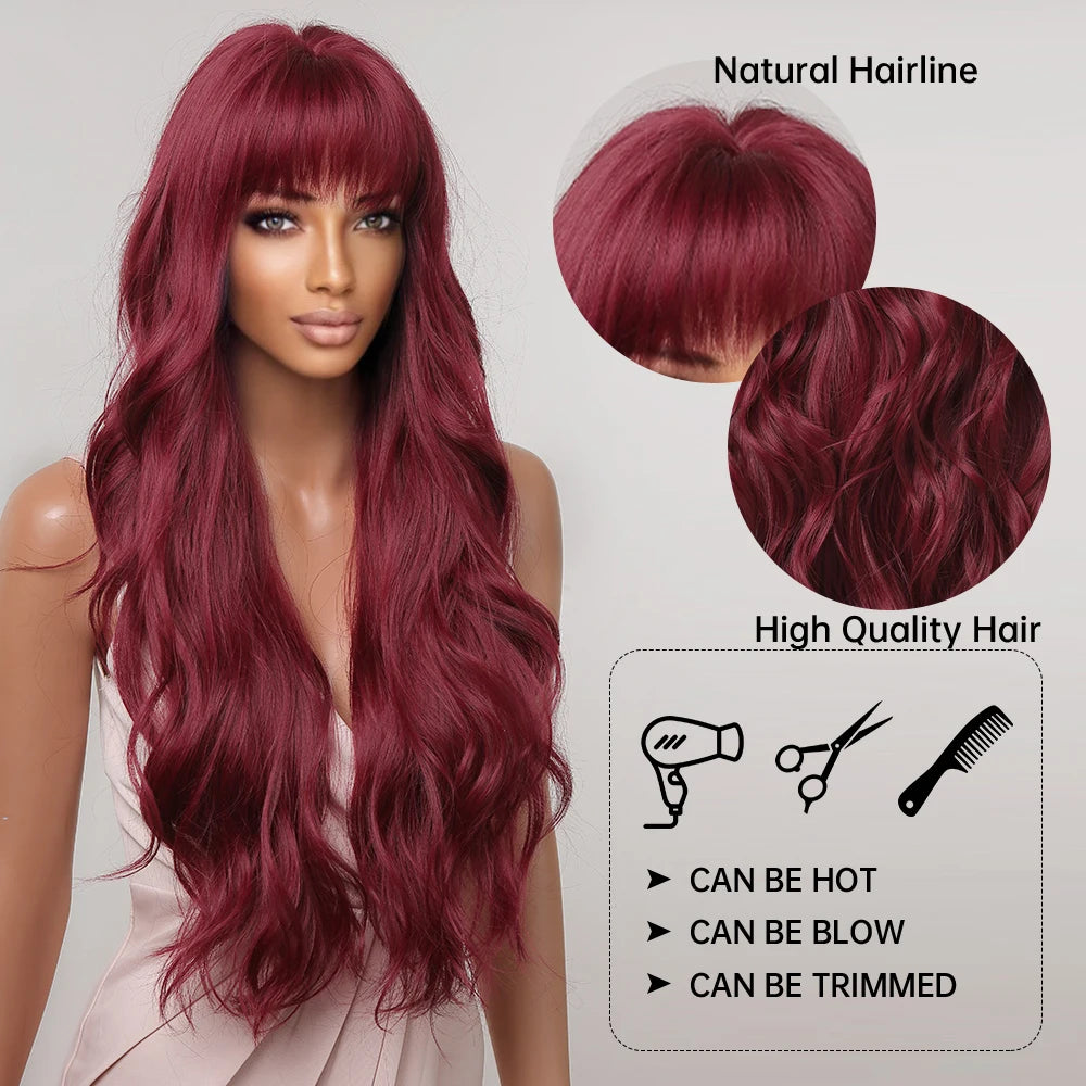 Long Wavy Wine Red Synthetic Wigs Natural Wave Afro Wigs With Bangs for Black Women Cosplay Costume Wig Heat Resistant Fiber