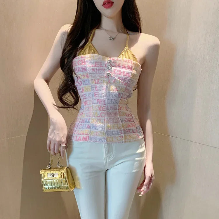 Women's top 2025 summer chic sexy socialite style pink Twed design sense strapless hanging neck vest