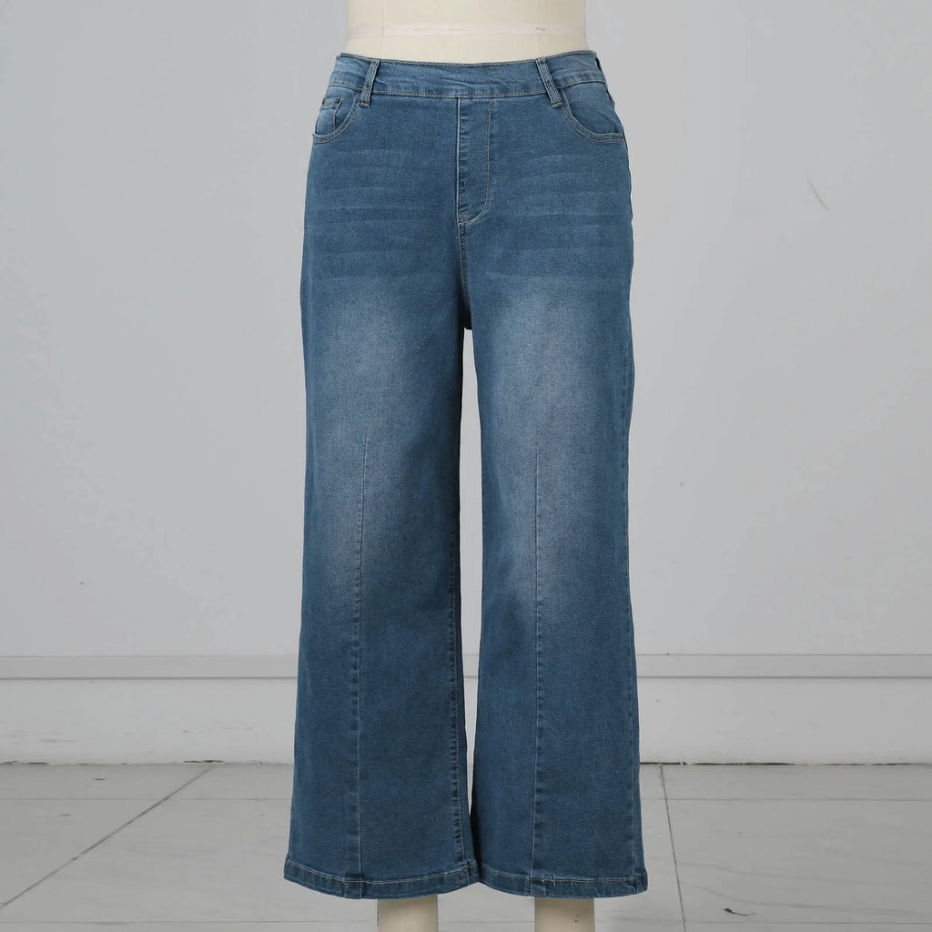 Women Seamed Front Wide Leg Jeans Elastic Waist Stretch Denim Flare Jeans High Waisted Jean Bell Bottom Cropped Pants pantalones