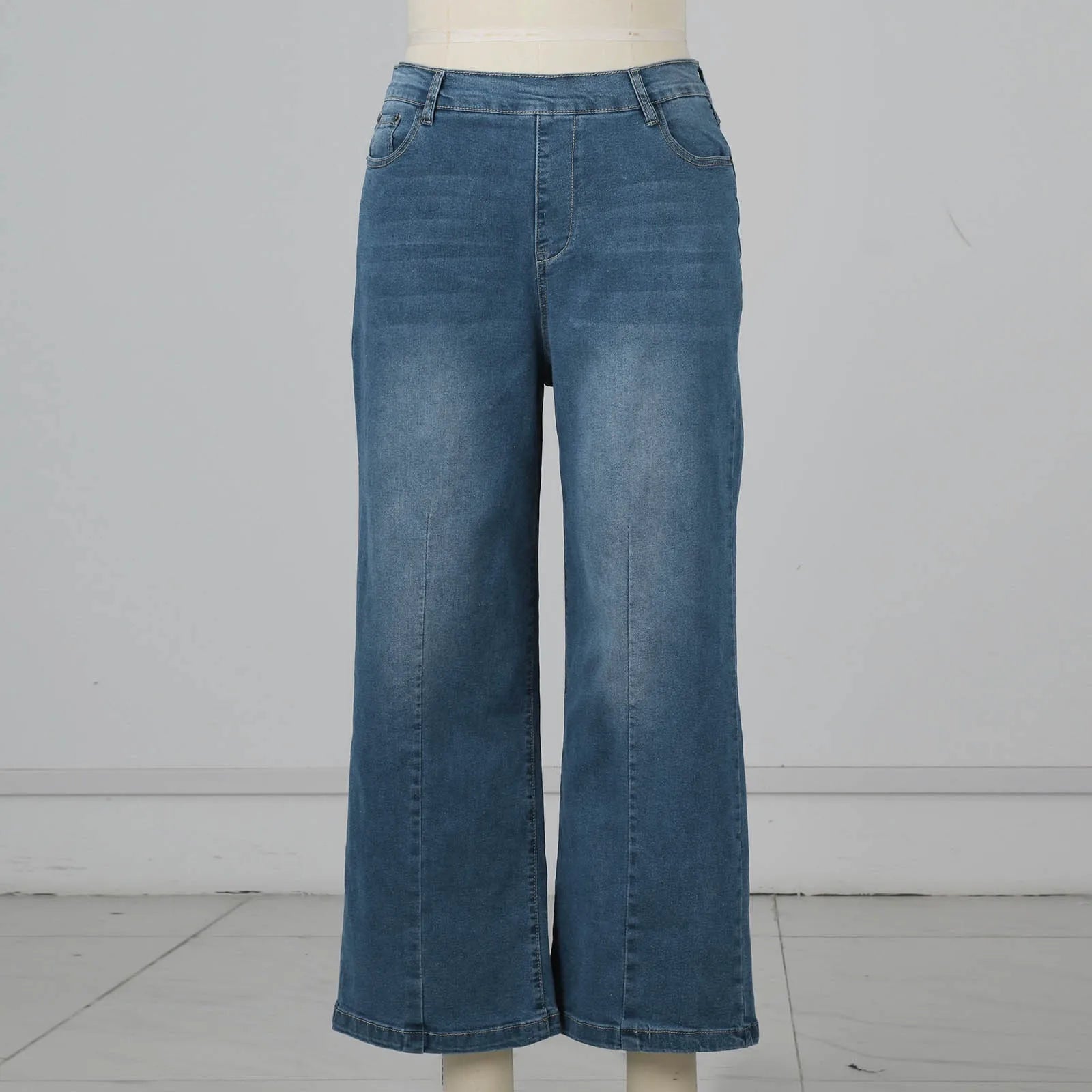 Women Seamed Front Wide Leg Jeans Elastic Waist Stretch Denim Flare Jeans High Waisted Jean Bell Bottom Cropped Pants pantalones