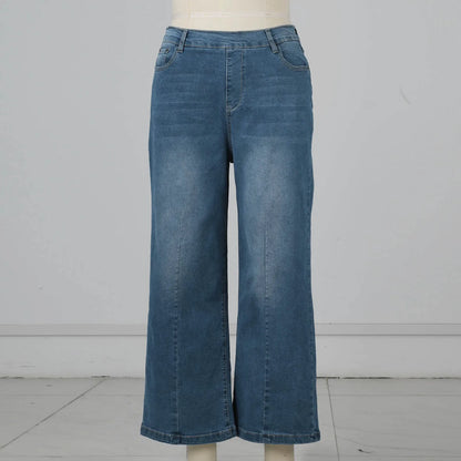 Women Seamed Front Wide Leg Jeans Elastic Waist Stretch Denim Flare Jeans High Waisted Jean Bell Bottom Cropped Pants pantalones