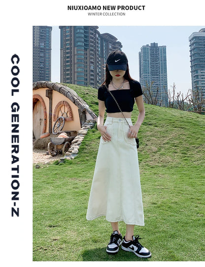 Apricot Denim Skirt Summer Women's 2024 New High Waist Slim Fashion Design Pocket Hip A-line Ankle-length Jean Skirt