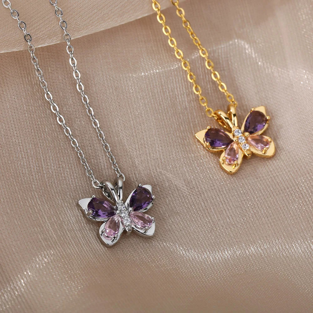 Cute Butterfly Necklace For Women Stainless Steel Crystal Purple Zircon Aesthetic Necklaces Charms Collar Choker Party Jewelry