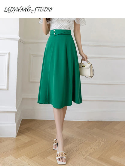 Women's Skirts High Waist Sweet Girl's Mid-calf Skirt Solid Skirts for Women Vintage Long Fashion 2023 Kawaii Summer Women Skirt