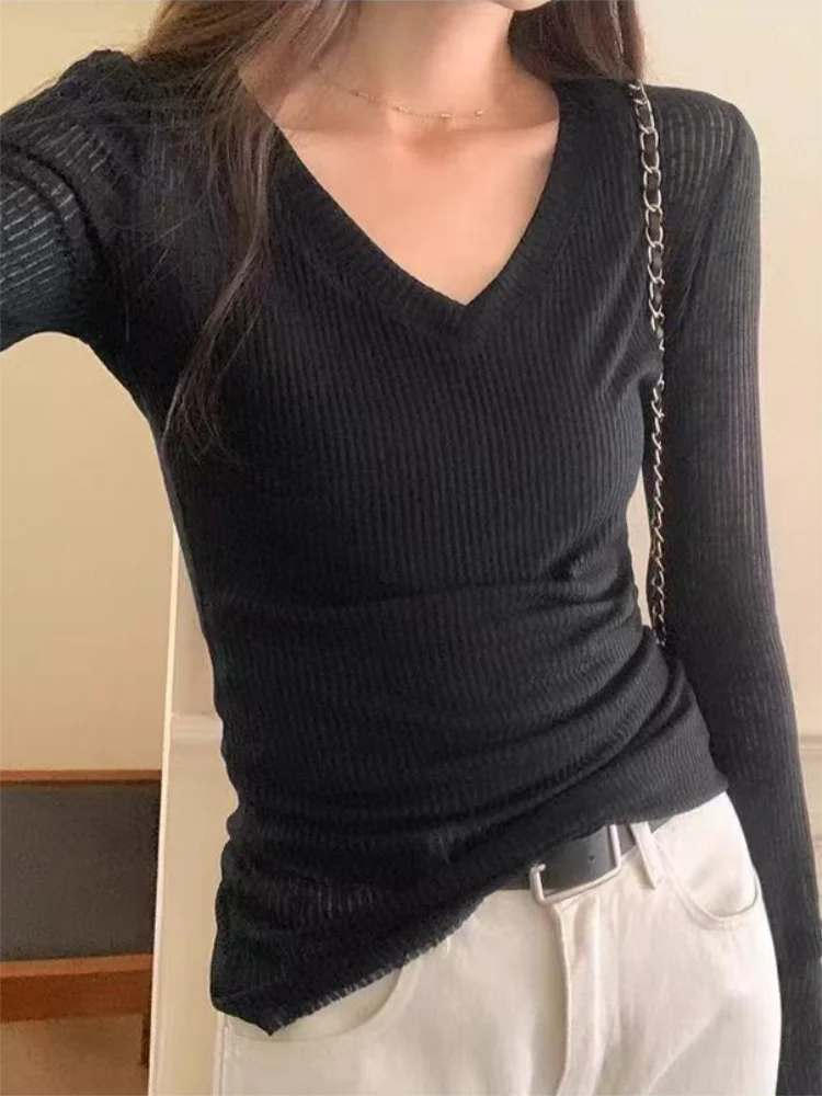 Summer Tops for Woman Elastic Basic T-shirts Female Casual Tops Long Sleeve Sexy Thin T-shirt See Through Y2k Clothing