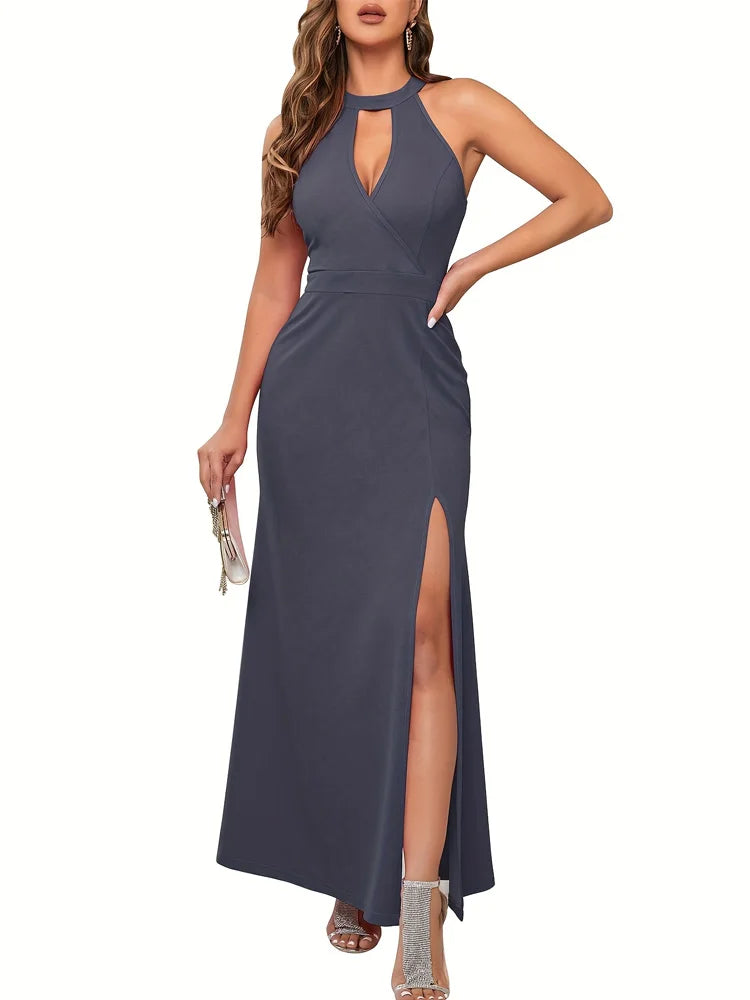 Women's Dresses Split Sleeveless Hollow High Neck Elegant Evening Cocktail Long Dresses