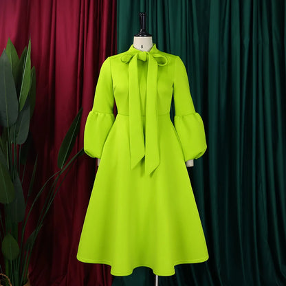 Elegant Dresses for Women Bow Collar Full Sleeve High Waisted A Line Mid Calf Luxury Female Birthday Party Dinner Vestidos Mujer