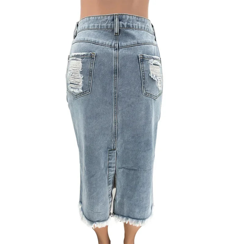 Hole Denim Midi Skirt Women 2024 Spring Summer High Waist Streetwear Sexy Buttocks One Step Skirts Bodycon Vintage Jean Skirts