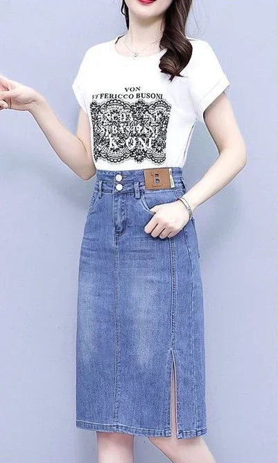 Jeans Skirts for Women Woman Denim Skirt High Waist Midi Maxi Long with Pocket Slit Chubby Modest Quality Luxury Elegant Stylish