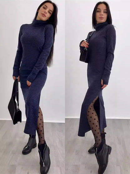 Women Elegant Turtleneck Long Dresses Fashionable Solid Color Long Dresses Slim Fit Sexy Bottom Slit Skirts Spring Autumn New
