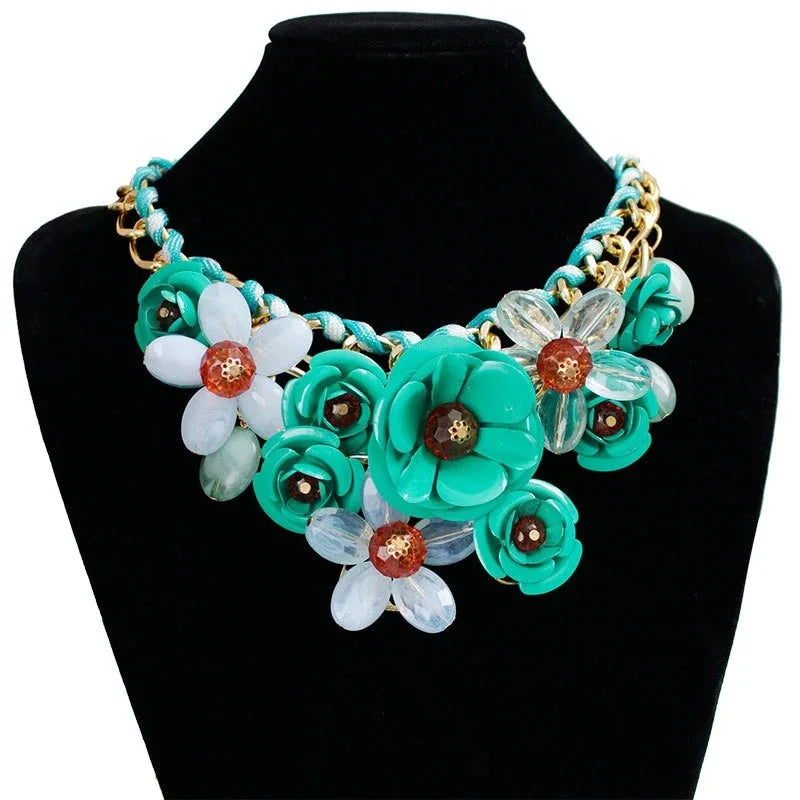 Womens Necklace Colorful Flowers Woven Short Collarbone Chain