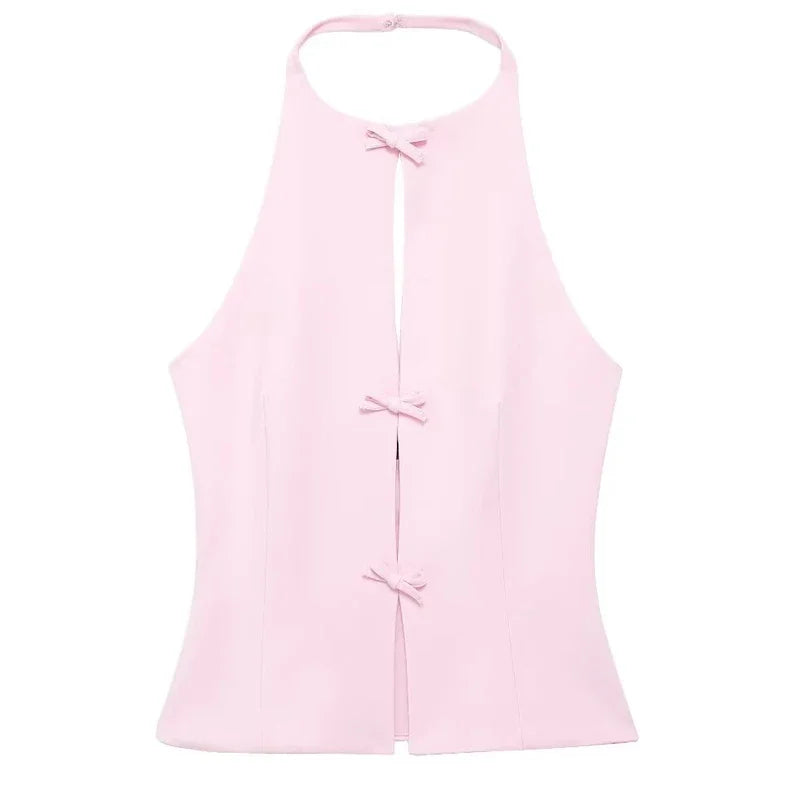 Women Fashion Bow Solid Halter Tops Women Hollow Out Sleeveless Backless Tank Top Summer  Elegant Vest Office Lady