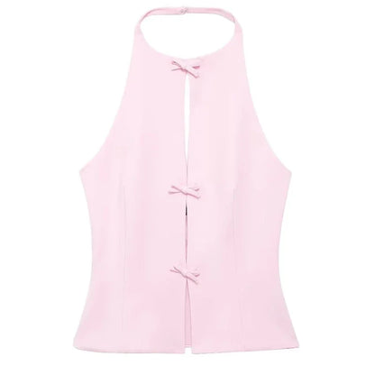 Women Fashion Bow Solid Halter Tops Women Hollow Out Sleeveless Backless Tank Top Summer  Elegant Vest Office Lady